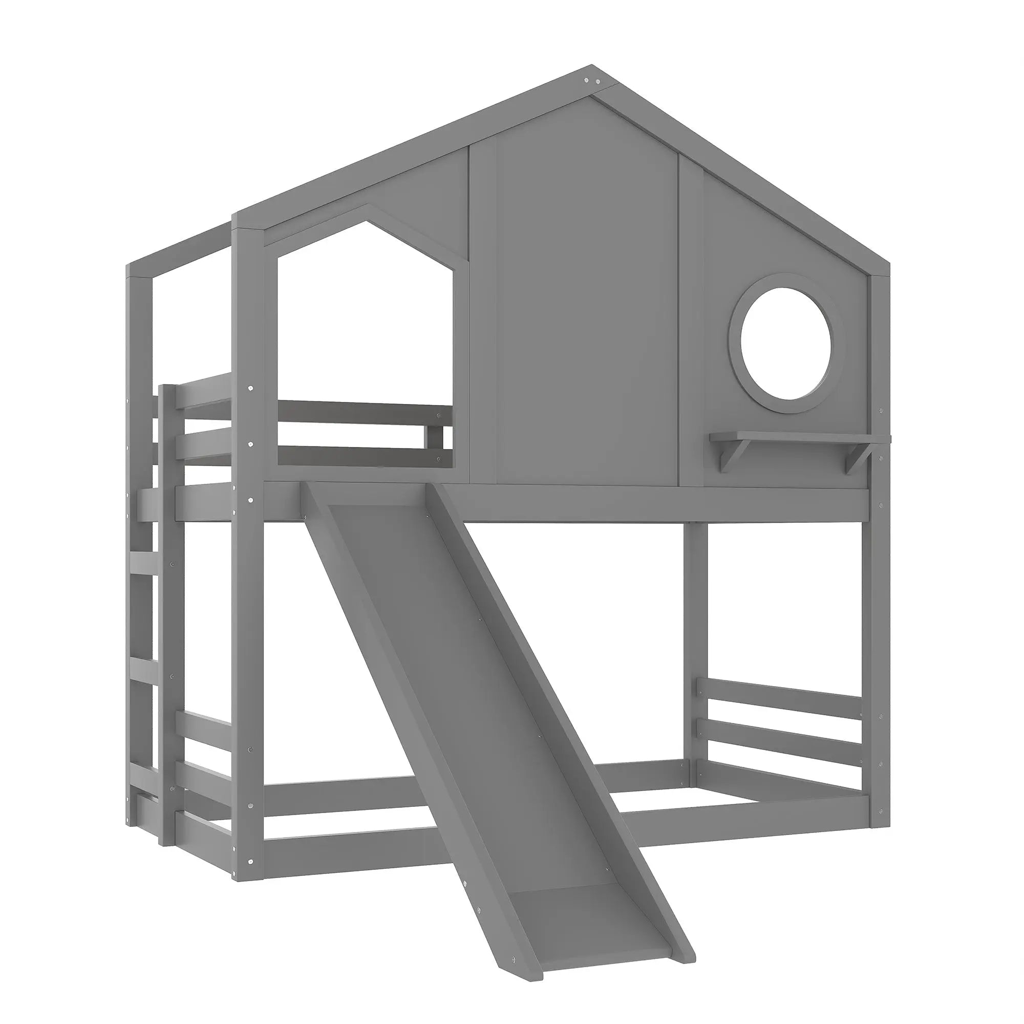 Bellemave® Twin Size House Bunk Bed with Slide and Storage Shelf, Twin Floor Bunk Beds Frame with Safety Guardrails for Kids Girls Boys, Grey Bellemave®