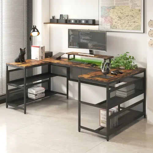 Bellemave® U-Shaped Desk with Shelve and LED Lights Bellemave®