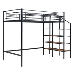 Bellemave® Metal Loft Bed with Upper Grid Storage Shelf and Lateral Storage Ladder