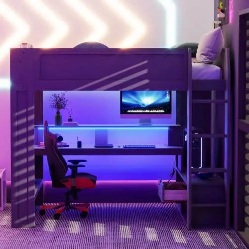 Bellemave® Gaming Loft Bed with Desk, Multi-storage Shelves, LED and Charging Station Bellemave®