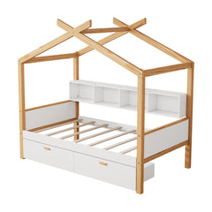 Bellemave® Wooden House Bed Original Wood Color Frame with Two Drawers and Bookshelf Storage Space