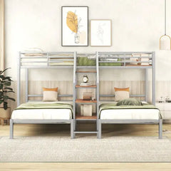 Bellemave® Twin over Twin & Twin Metal Triple Bunk Bed with Storage Shelves Staircase