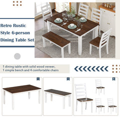 Bellemave® Rustic Style 6-Piece Dining Room Table Set with 4 Ergonomic Designed Chairs & a Bench