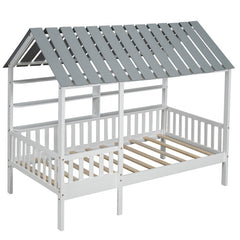 Bellemave® Twin Size House Bed with Roof, Guardrail and Shelves