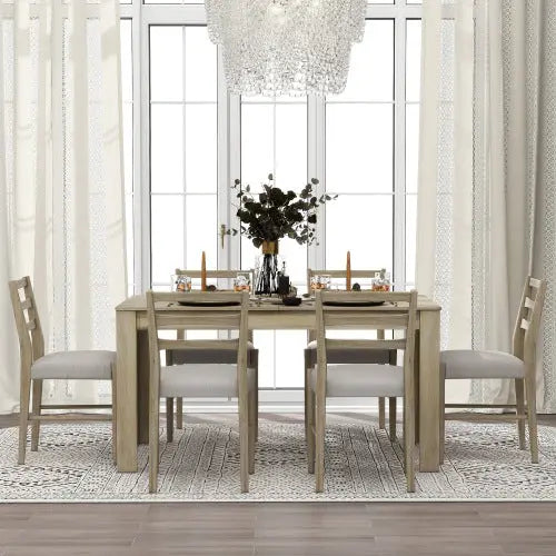 Bellemave 7-Piece Wooden Dining Table Set Multifunctional Extendable Table with Leaf and 2 Drawers, 6 Soft Cushion Dining Chairs Bellemave