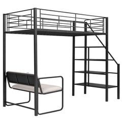 Bellemave® Twin Size Metal Loft Bed with Bench and Storage Staircase