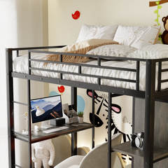 Bellemave® Twin Size Metal Loft Bed with Built-in Wardrobe, Desk and Shelves