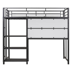 Bellemave® Metal Loft Bed with Desk and Whiteboard, 3 Shelves and Ladder