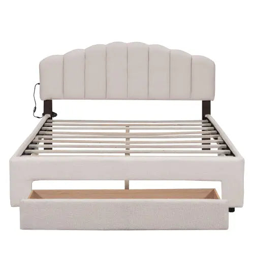 Bellemave® Queen Size Teddy Fleece Upholstered Platform Bed with Drawer Bellemave®