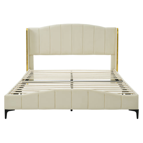 Bellemave® Queen Size PU Leather Upholstered Platform Bed, Headboard with Wingback and Metal Bar Accents