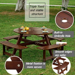 Bellemave® Outdoor 8 Person Round Picnic Table Set with 4 Built-in Benches, Umbrella Hole, Outside Table