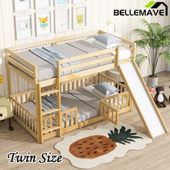 Bellemave® Twin Size Solid Pine Wood Floor Bunk Bed with Slide and Ladder, Door and Safety Guardrails