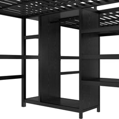 Bellemave® Twin Over Twin Metal Loft Bed with Double Desk, Wardrobe and Shelves with Electrical Outlet
