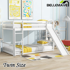 Bellemave® Twin Size Solid Pine Wood Floor Bunk Bed with Slide and Ladder, Door and Safety Guardrails