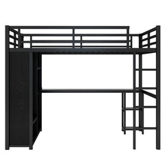 Bellemave® Queen Size Metal Loft Bed with Built-in Wardrobe, Desk and Storage Shelves