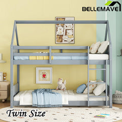 Bellemave® Twin Size Rubber Wood House Floor Bunk Bed with Headboards, Footboards and Guardrails, Ladder