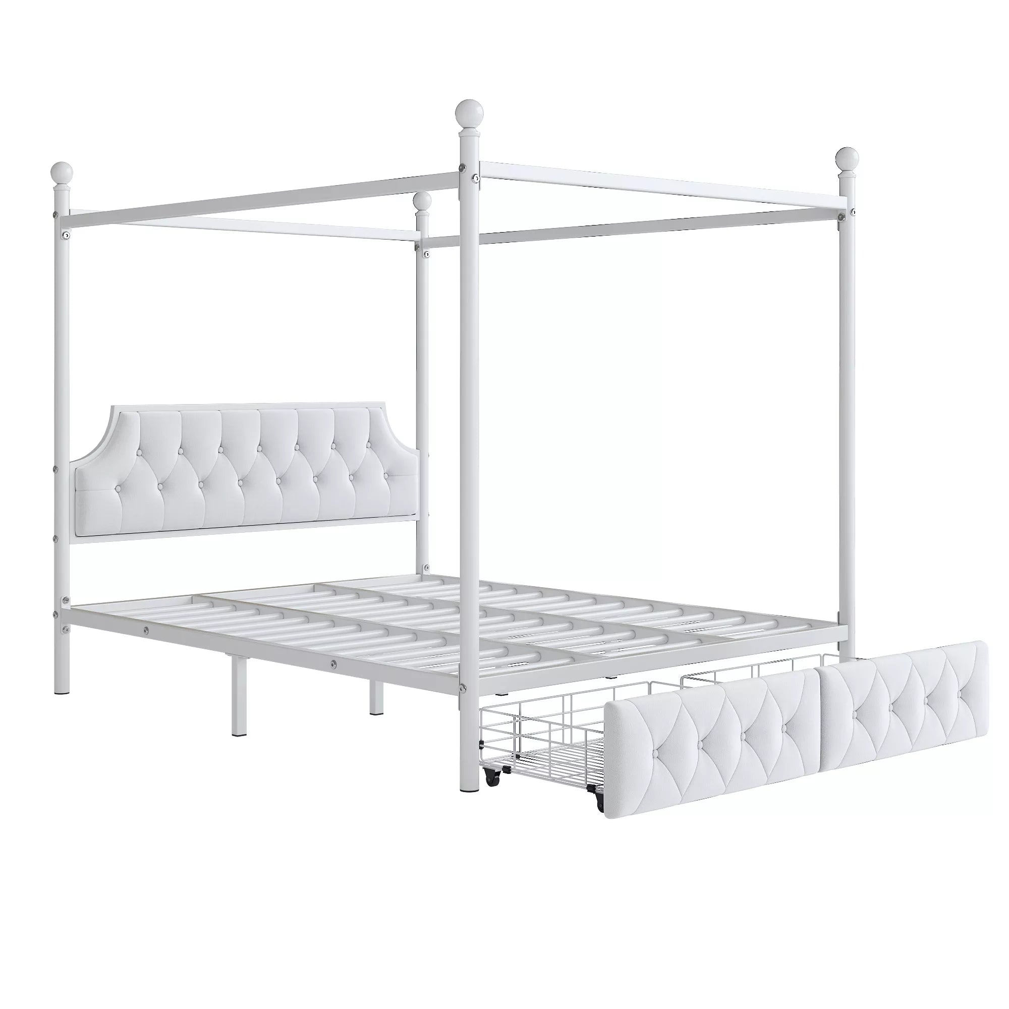 Bellemave® Queen Upholstered Canopy Bed Frame with 2 Drawers, Headboard & Storage, Four-Poster Metal Platform Bed Frame, White Bellemave®