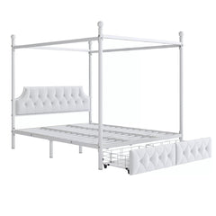 Bellemave® Queen Upholstered Canopy Bed Frame with 2 Drawers, Headboard & Storage, Four-Poster Metal Platform Bed Frame, White Bellemave®