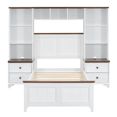 Bellemave® Solid Pine Wood Platform Bed with All-In-One 2 Nightstand Bookcase and Storage Shelf