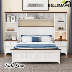 Bellemave® Solid Pine Wood Platform Bed with All-In-One 2 Nightstand Bookcase and Storage Shelf