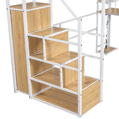 Bellemave® Metal Loft Bed with Built-in Work Station, Wardrobe, Storage Staircase and LED