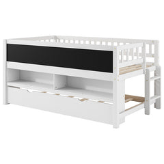 Bellemave® Twin Size Wood Low Loft Bed with Storage Shelves, Blackboard and Trundle