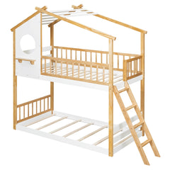 Bellemave® Twin Size House Bunk Bed Wood Bed with Roof, Window, Ladder