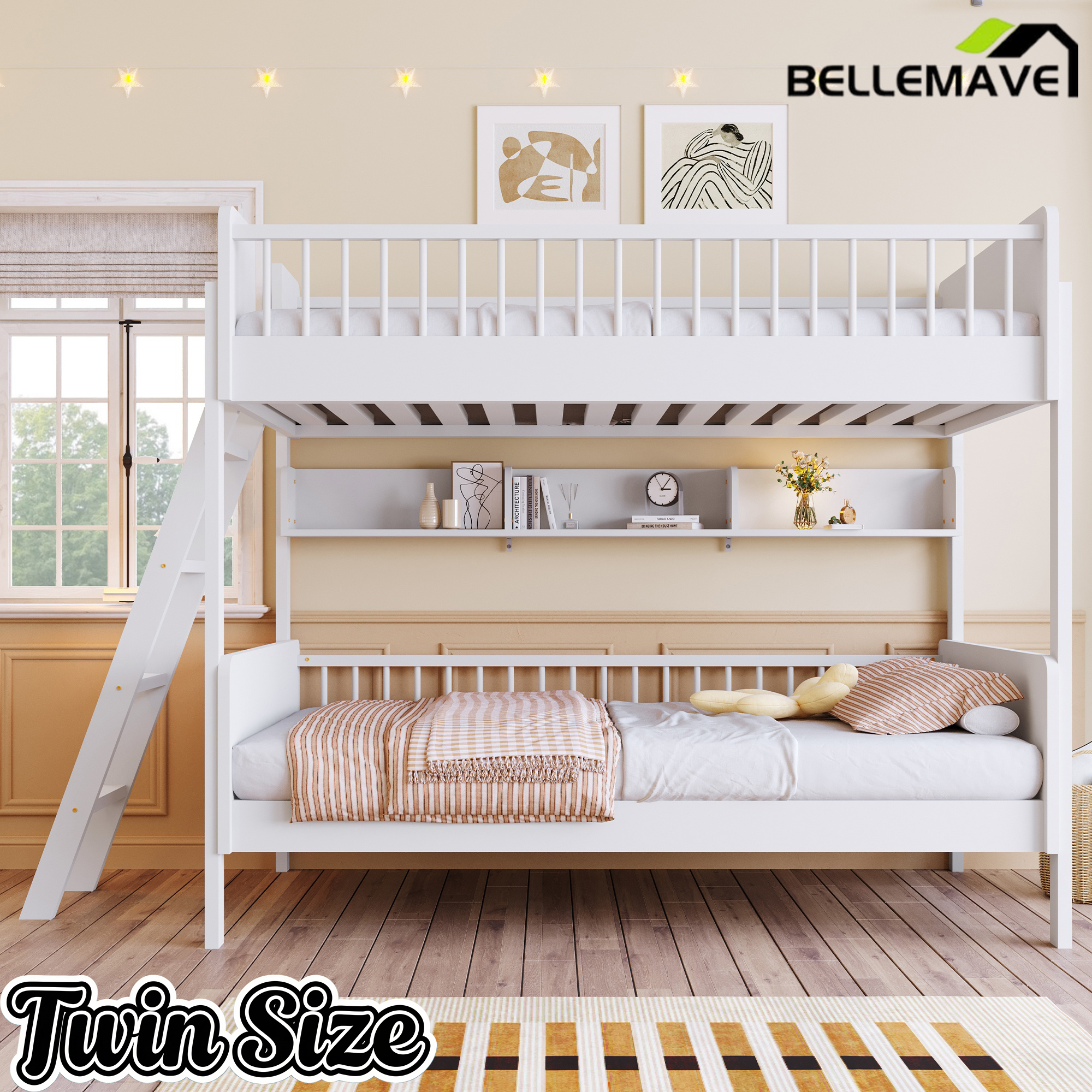 Bellemave® Twin Size Bunk Bed with 3 Storage Shelves, Safety Guardrails & Interchangeable Ladder, Space Saving Design for Kids Room, White Bellemave®