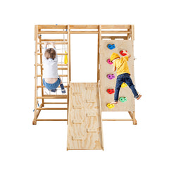 Bellemave® Toddler Indoor Wooden Gym 8 in 1 Indoor Playground Climbing Toy Set with Slide Swing Climbing Net Rings