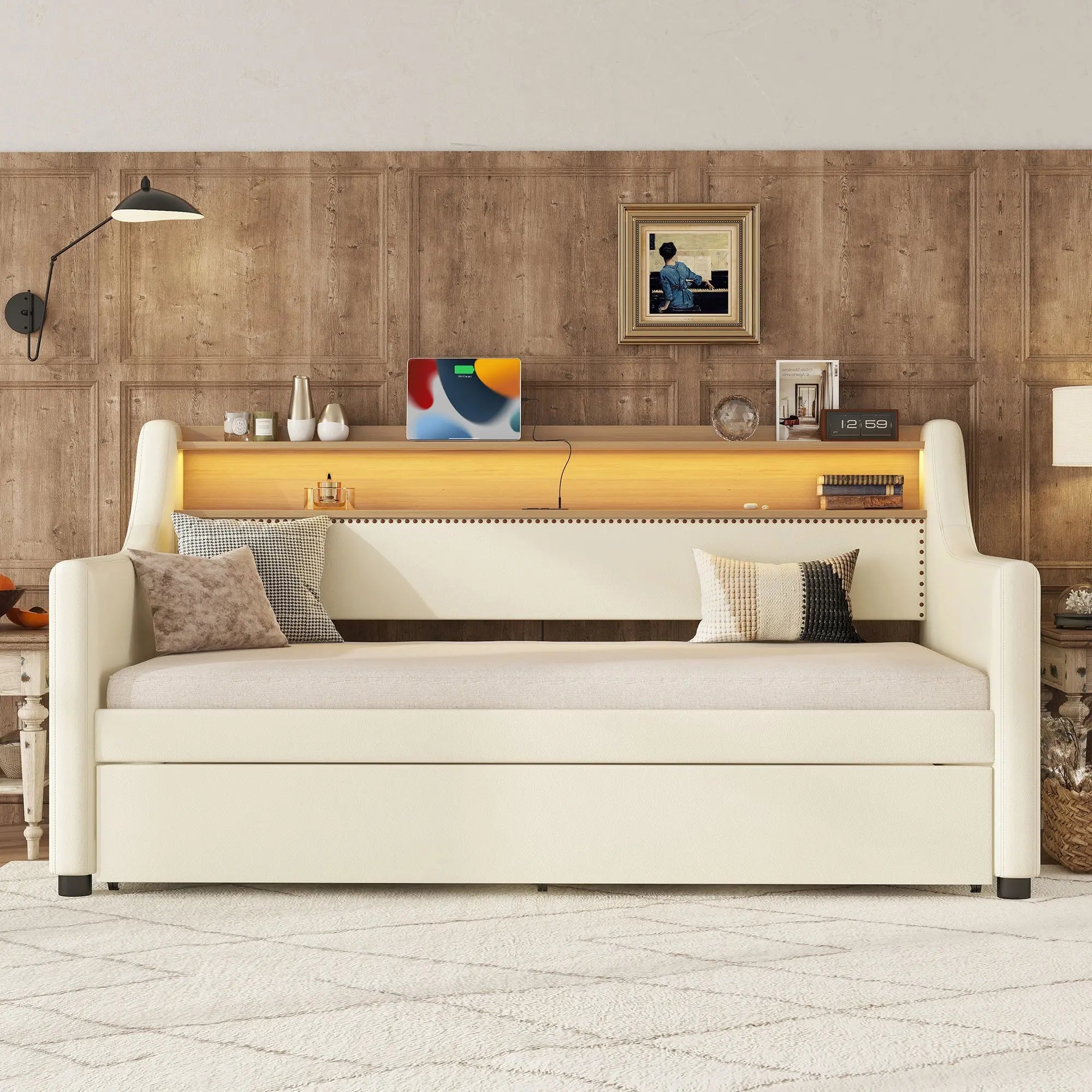 Bellemave® Twin Size Upholstered Daybed with Trundle, with Charging Station and LED Lights Bellemave®