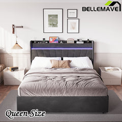 Bellemave® Queen Size Lift Up Upholstered Storage Platform Bed with Charging Station and LED Light, Wingback and Wooden Slats Support