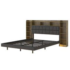 Bellemave® Queen Size  Upholstered Platform Bed with LED Light, Bookcase Storage Headboard and Charging Station