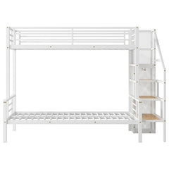 Bellemave® Twin over Full Metal Bunk Bed with Storage Staircase and Open Wardrobe