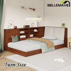 Bellemave® Twin Size Wooden L-Shaped Daybed with Storage Bookcase and Upholstered Headboard and USB Charging Ports