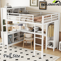 Bellemave® Full Size Metal Loft Bed with Wardrobe And L-shaped Desk,  Storage Cubes and Shelves