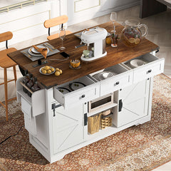 Bellemave® 53.7" Farmhouse Kitchen Island on 5 Wheels with Drop Leaf, Power Outlet, 2 Sliding Barn Door , Spice Rack