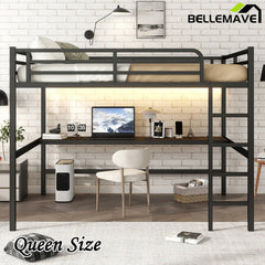 Bellemave® Queen Size Metal Loft Bed with Power Outlet and LED Lighted