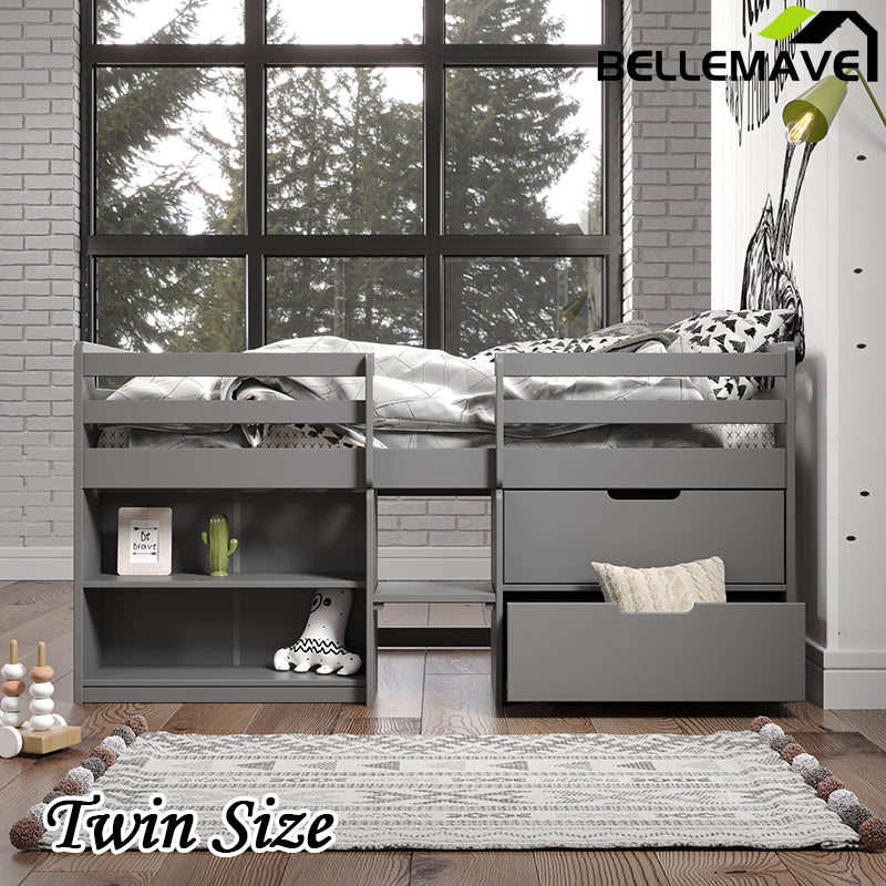 Bellemave® Twin Size Low Loft Bed with Storage Drawers and Open Shelves