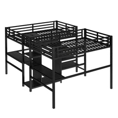 Bellemave® Twin Over Twin Metal Loft Bed with Double Desk, Wardrobe and Shelves with Electrical Outlet