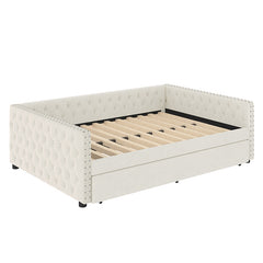 Bellemave® Full Size Upholstered Tufted Daybed with Twin Trundle, Button & Copper Nail on Square Arms