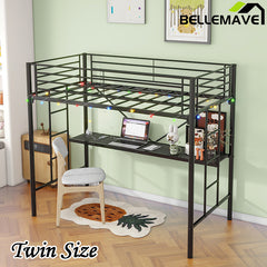 Bellemave® Twin Size Metal Loft Bed with Desk, Power Outlet and LED Lighted , Safety Guard & Ladder