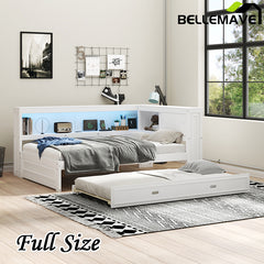 Bellemave® Full Size Wood Daybed with Storage Shelves, USB, LED, and Trundle