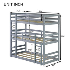 Bellemave® Twin over Twin over Twin Rubber Wood Triple Bunk Bed with Ladders and Guardrails(Detachable)