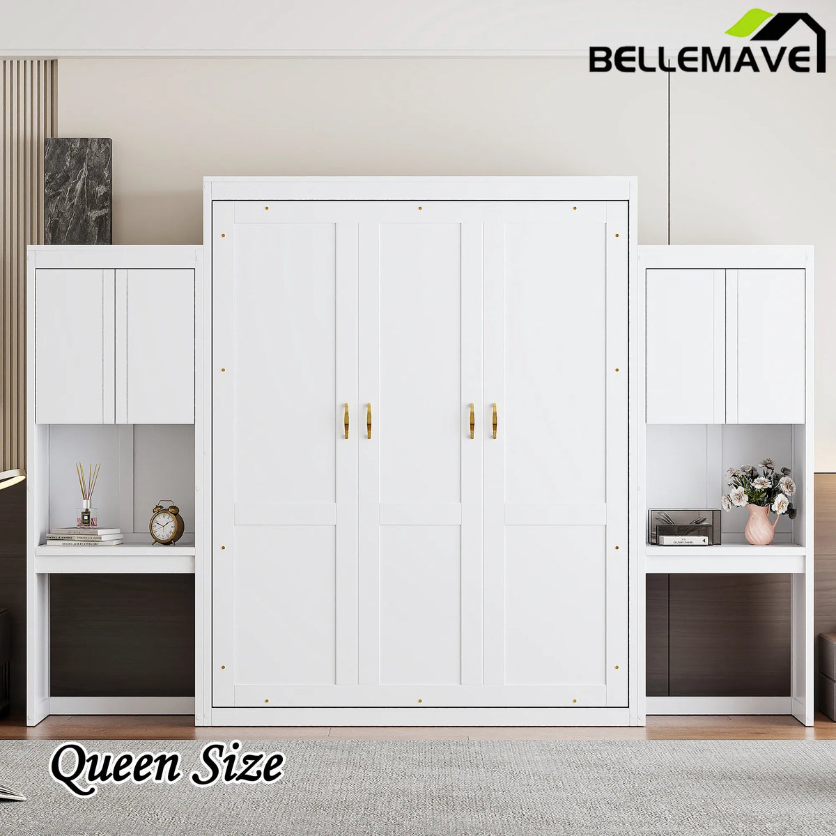 Bellemave® Queen Size Murphy Bed with Desk, Vanity and Cabinets
