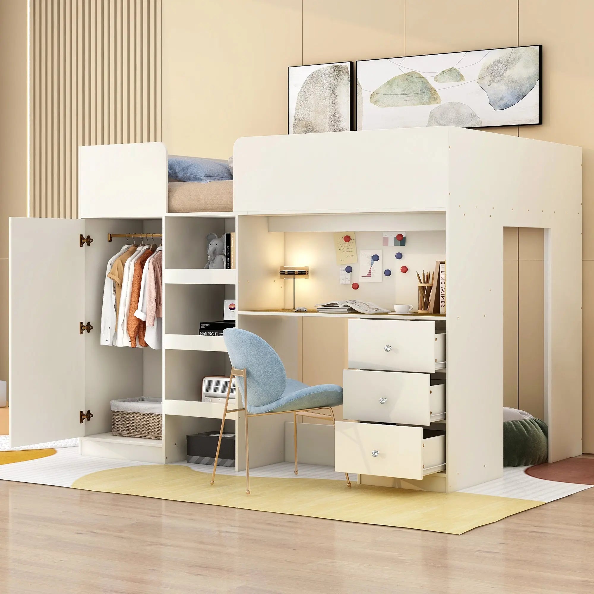 Bellemave® Full Size Wood Loft Bed with Built-in Wardrobe, Desk, Storage Shelves and Drawers Bellemave®