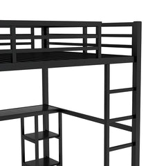 Bellemave® Queen Size Metal Loft Bed with Built-in Wardrobe, Desk and Storage Shelves