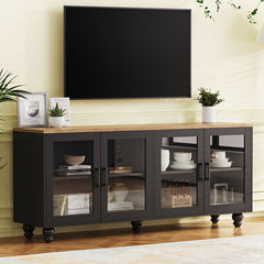 Bellemave® 63" Farmhouse TV Stand with Tempered Glass Doors,Adjustable Shelves and 5 Solid Wood Gourd-Shaped Legs