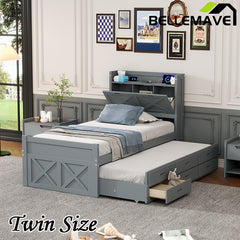 Bellemave® Wooden Platform Bed with Storage Headboard with Outlets, Twin Size Trundle with Three Storage Drawers