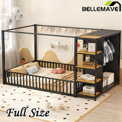 Bellemave® Metal Floor Bed with Storage Shelves and Wardrobe