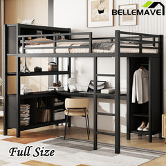 Bellemave® Full Size Metal Loft Bed with Wardrobe And L-shaped Desk,  Storage Cubes and Shelves